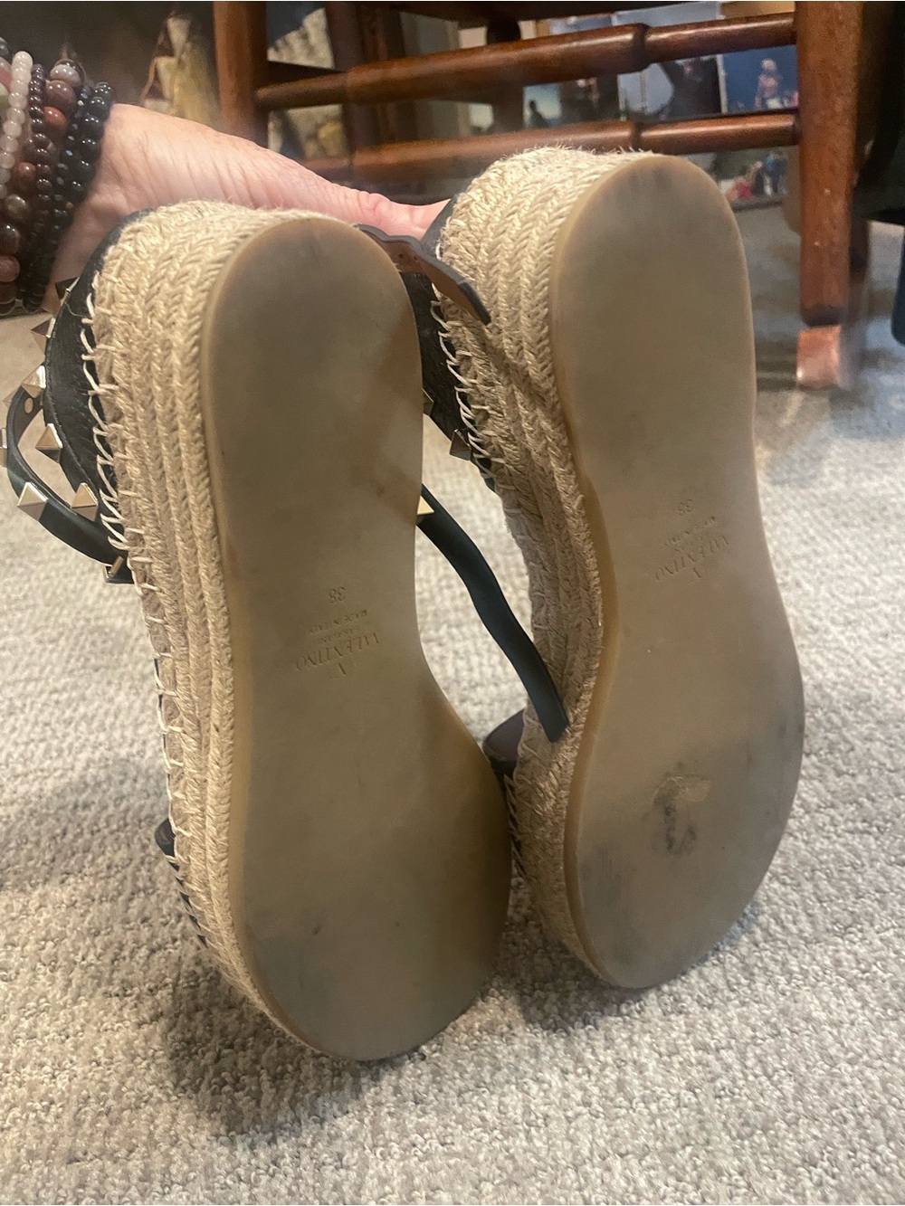 Valentino Black Leather Studded Espadrille Sandals - Picture 6 of 9